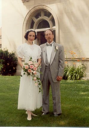 Bob Block and Marjorie Moore outdoors at their wedding